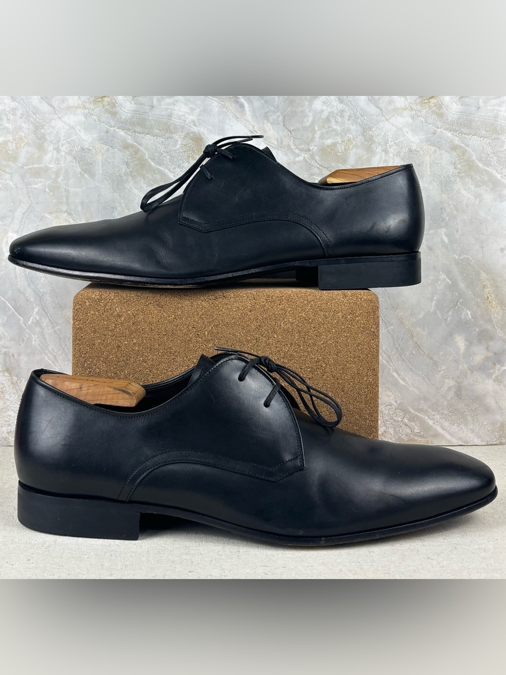 Salvatore Ferragamo Studio Men’s 11 D Black Leather Plain Toe Derby Shoes Italy